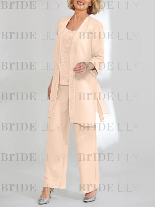Light Champagne mother of the bride 3 piece chiffon pantsuit with long jacket