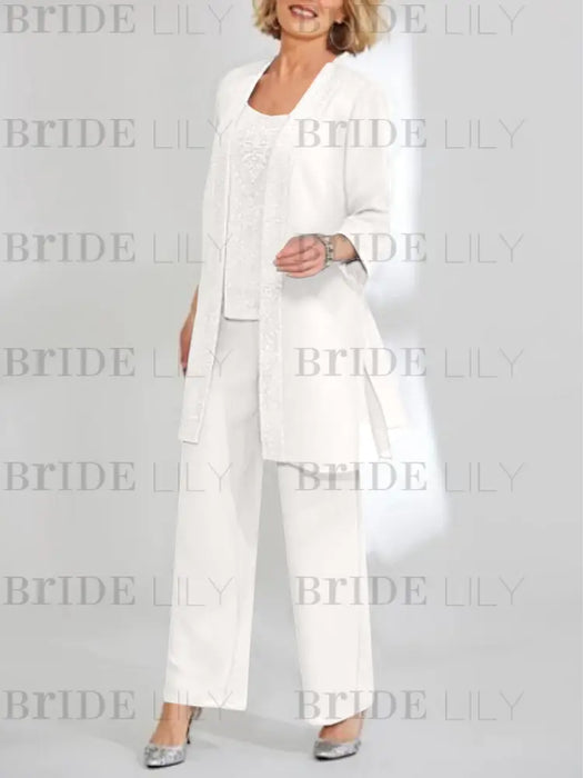 Off White mother of the bride 3 piece chiffon pantsuit with long jacket