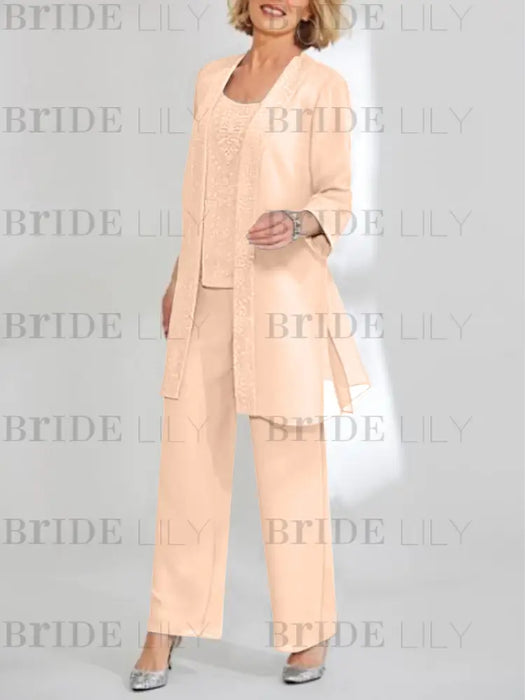 Peach Pink mother of the bride 3 piece chiffon pantsuit with long jacket
