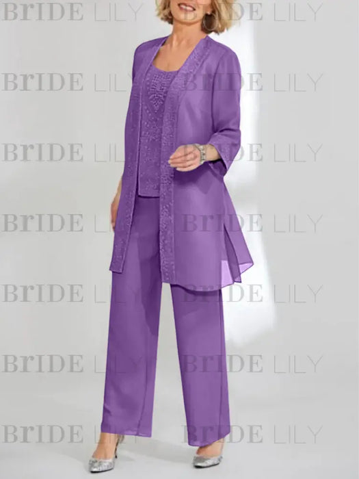 Purple mother of the bride 3 piece chiffon pantsuit with long jacket