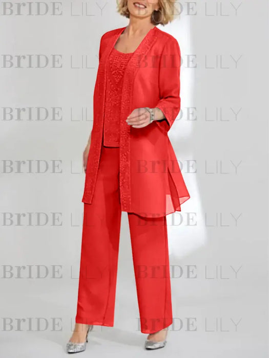 Red mother of the bride 3 piece chiffon pantsuit with long jacket