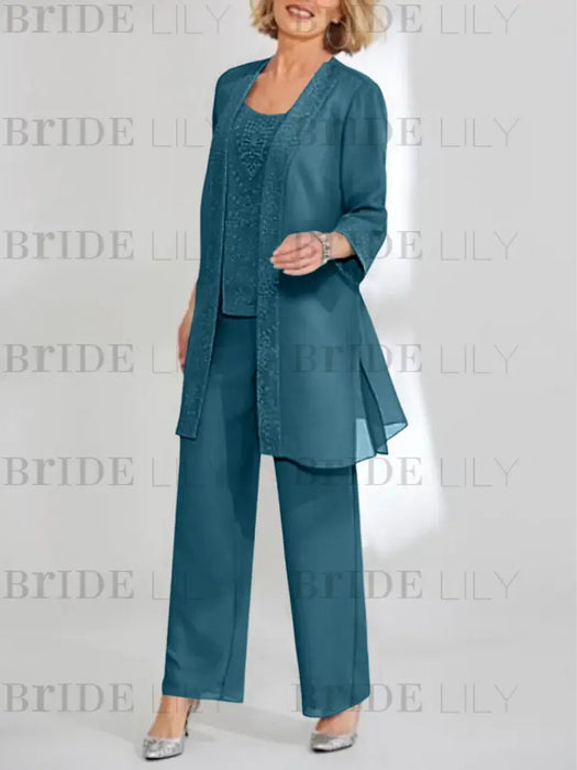 Teal mother of the bride 3 piece chiffon pantsuit with long jacket