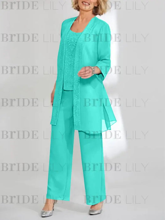 Turquoise mother of the bride 3 piece chiffon pantsuit with long jacket