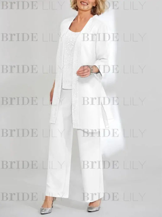 White mother of the bride 3 piece chiffon pantsuit with long jacket