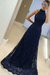 Navy A-Line High Neck Sleeveless Floor-Length Lavender Lace Prom Dress - Prom Dresses