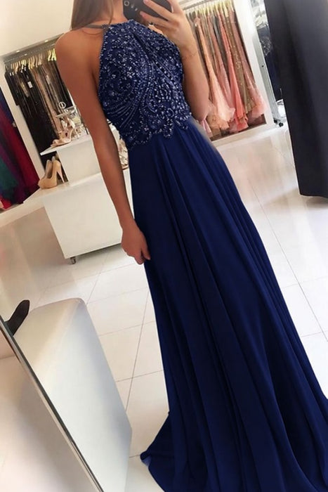 Halter Sleeveless Chiffon A-Line Prom Dress with Beadings