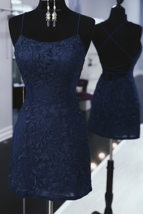 Navy Lace Formal Graduation Homecoming Dresses