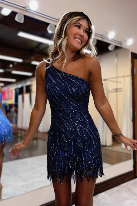 Navy Bling One Shoulder Sequins Short Homecoming Dress Party Dresses