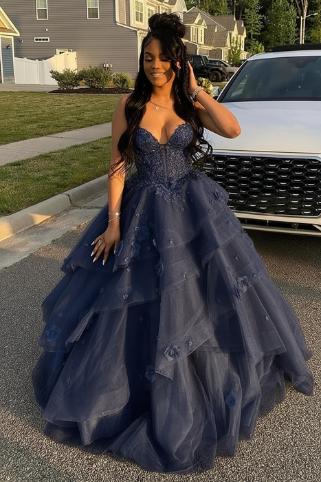 Spaghetti Straps Tulle A-Line Prom Dress Floral Ruffles Corset Gown -Bridelily Spaghetti Straps Tulle A-Line Prom Dress Floral Ruffles Corset Gown -Bridelily