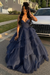 Navy Blue Spaghetti Straps Tulle Aline Prom Dress Floral Tiered Ruffles Corset Formal Dress