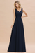 Navy Blue Modest Floral Lace A-line Bridesmaid Dress V-Neck Floor Length Chiffon Wedding Guest Dress 