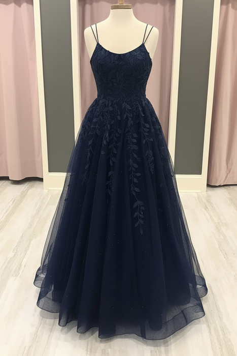 Navy Blue A Line Lace Long Prom Dresses