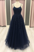 Navy Blue A Line Lace Long Prom Dresses