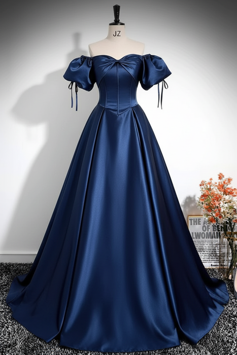 Navy Blue A-Line Pleated Off-The-Shoulder Prom Dress