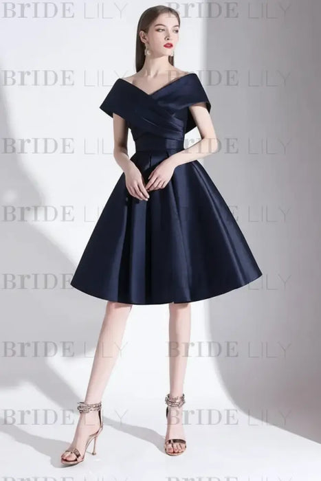 Off-Shoulder Black Cocktail Dress A-Line Satin Evening Dress-Bridelily Off-Shoulder Black Cocktail Dress A-Line Satin Evening Dress-Bridelily