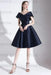 Navy Blue A-Line V-Neck Knee-Length Short Sleeves Pleated Satin Cocktail Dress 