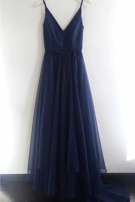Navy Blue A Line V Neck Spaghetti Straps Tulle Prom Dresses