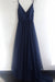 Navy Blue A Line V Neck Spaghetti Straps Tulle Prom Dresses