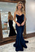 Navy Blue Backless Mermaid Prom Dress with Long V Neck