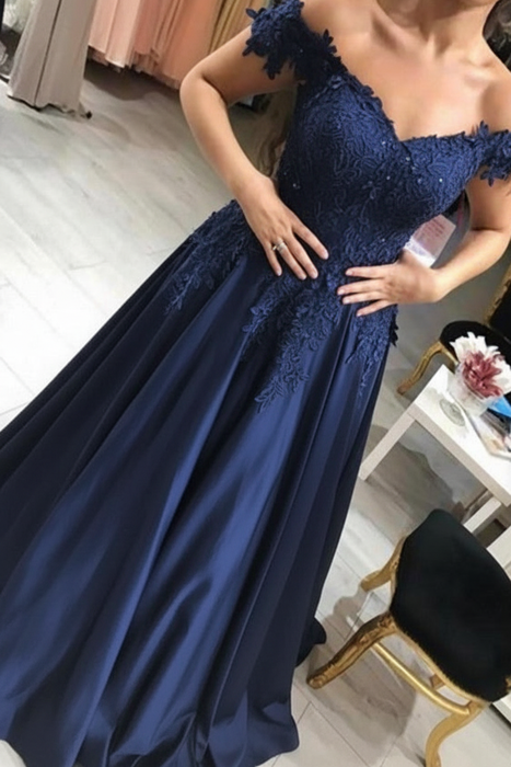 Navy Blue Off-the-Shoulder Lace Applique Satin Aline Evening Dresses