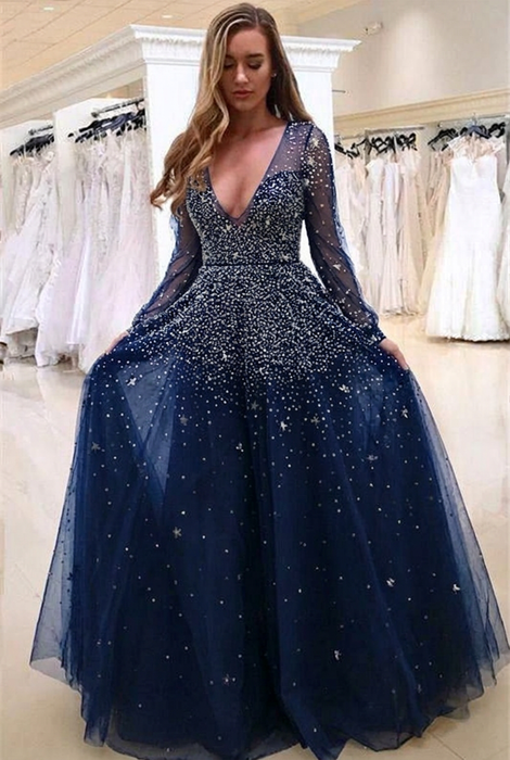 Navy Blue Bridelily A-line Long Sleeves V-neck Floor-length Tulle Pearls Prom Dresses