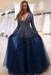 Navy Blue Bridelily A-line Long Sleeves V-neck Floor-length Tulle Pearls Prom Dresses