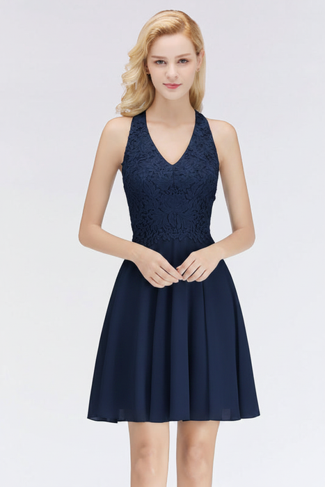 Navy Blue V-Neck Short Lace Bridesmaid Dresses