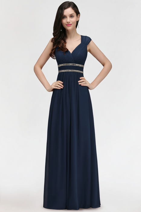 Navy Blue Chic Ruched Chiffon Aline Formal Dress Bridesmaid Dress with Beadings