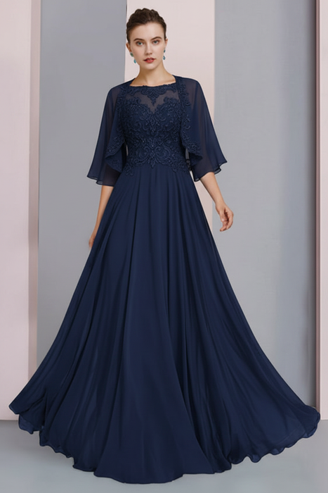 Navy Blue Floor-Length A-Line Mother of the Bride Dress with Princess Scoop Neckline