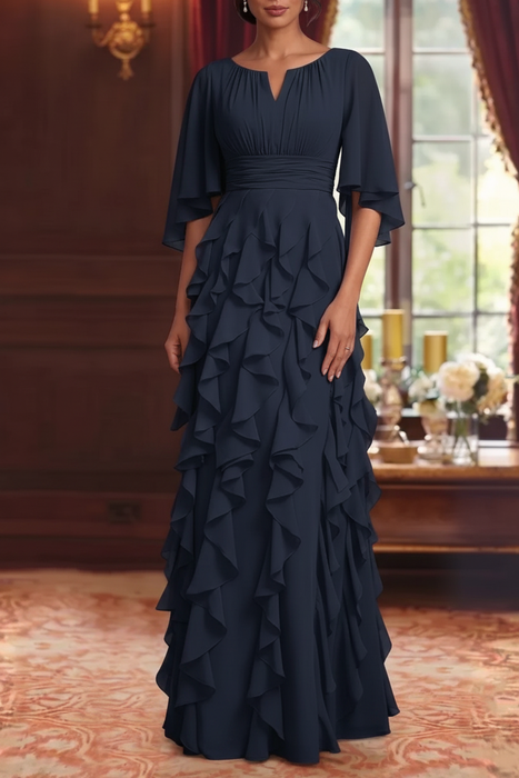 Navy Blue Chiffon Mother of the Bride Dress Flutter Sleeves with Cascading Ruffles