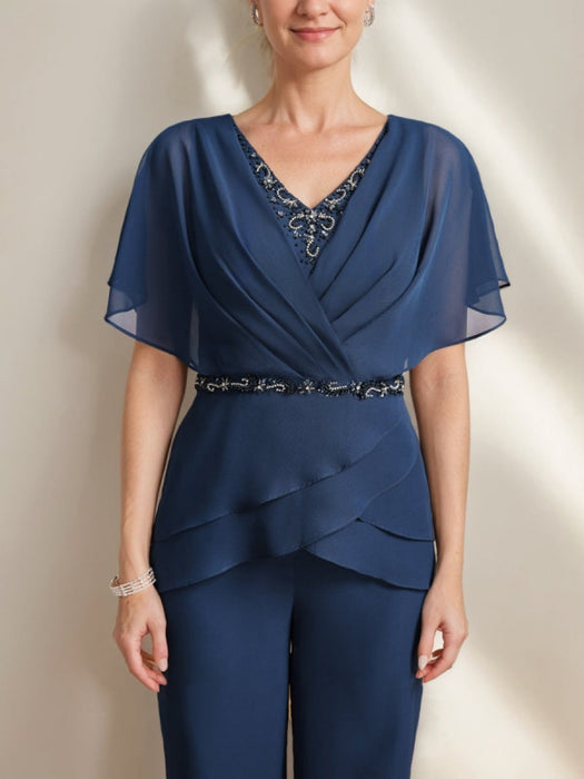 2 Mother of the Bride Pantsuits with V-Neck Ruched Detail Flutter Sleeves and Floor-Length Beading