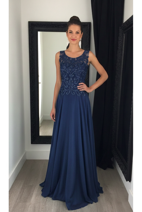 Navy Blue Chiffon A-Line Prom Dress Scoop Neck with Lace Appliques