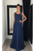 Navy Blue Chiffon A-Line Prom Dress Scoop Neck with Lace Appliques