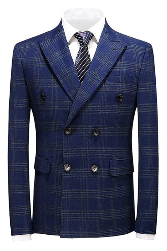Navy Blue Double Breasted Suit wedding for Men Plaid Prom Suits — Bridelily
