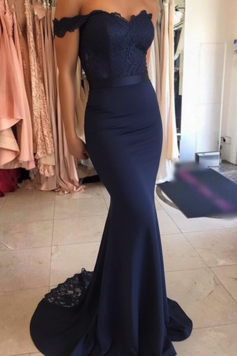 Navy Blue Mermaid Long Dress lace Off the Shoulder with Sash Prom Gowns - Prom Dresses