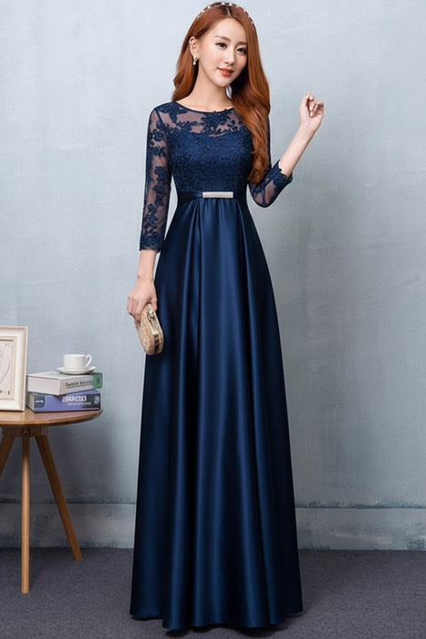 Navy Blue Evening Dress Satin Prom Dress Lace Applique Wedding Guest Dresses Sash A Line Maxi Mother's Dress wedding guest dress