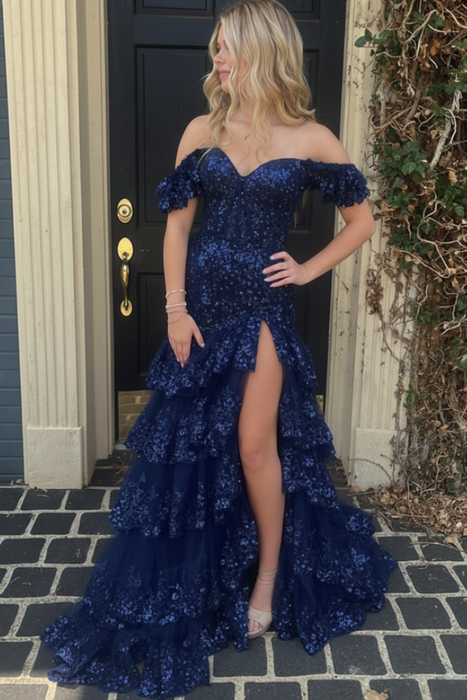 Navy Blue Glitter Sequins Off-the-shoulder Tulle Split Front A-Line Prom Dresses - Prom Dress