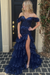 Navy Blue Glitter Sequins Off-the-shoulder Tulle Split Front A-Line Prom Dresses - Prom Dress