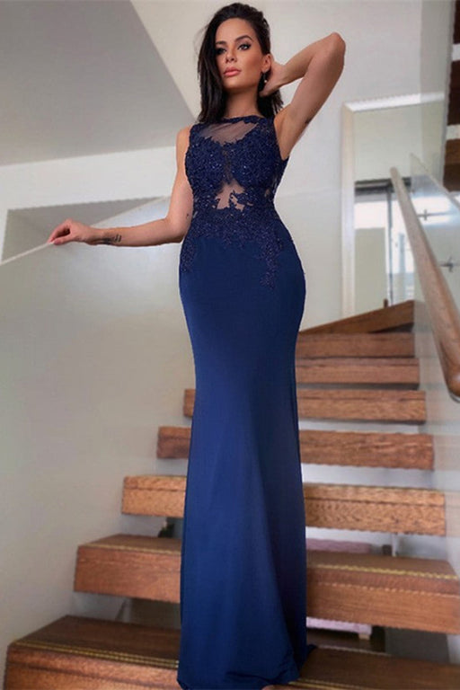 Navy Blue Lace Appliques Mermaid Prom Dress