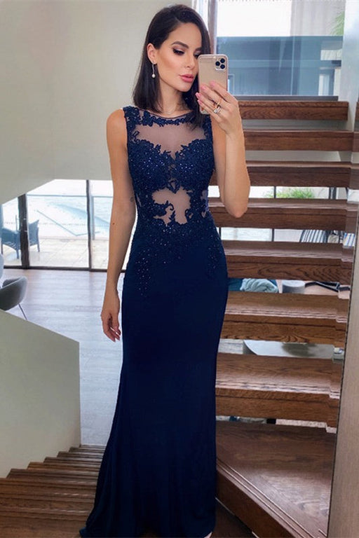 Navy Blue Lace Appliques Mermaid Prom Dress