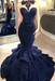 Navy Blue Mermaid Beads Prom Dresses Appliques Evening Dresses