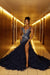Luxury Navy Blue Mermaid Prom Dress Beadings V-neck Sleeveless Evening Dress with Slit