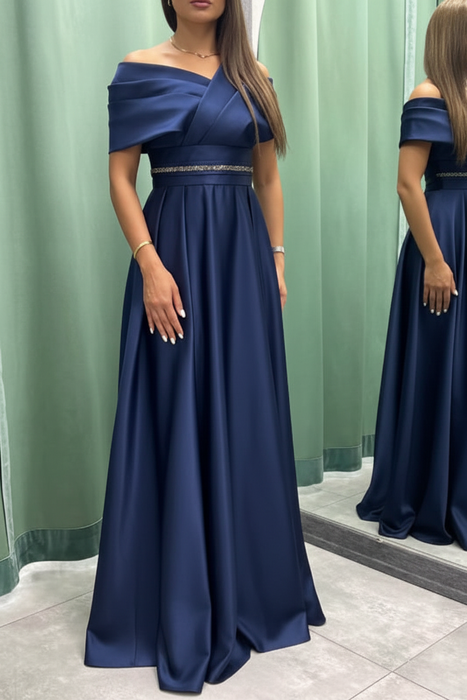 Navy Blue Elegant Off-the-Shoulder Long Evening Dress Pleated