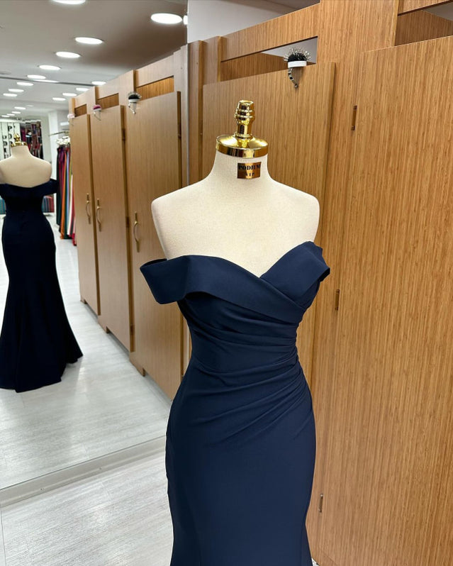 Navy Mermaid Prom Dress Cap Sleeve Off the Shoulder Formal Dress With Beadings and Rhinestones main image 0