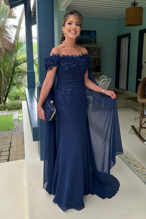 Navy Blue Off-The-Shoulder Mermaid Chiffon Wedding Guest Dresses Long with Appliques - Prom Dresses