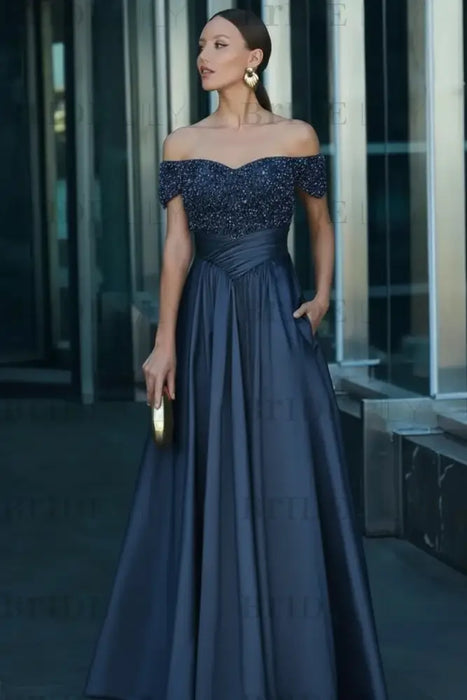 Navy Blue Off-the-Shoulder Satin Aline Formal Dress with Beadings