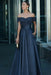 Navy Blue Off-the-Shoulder Satin Aline Formal Dress with Beadings