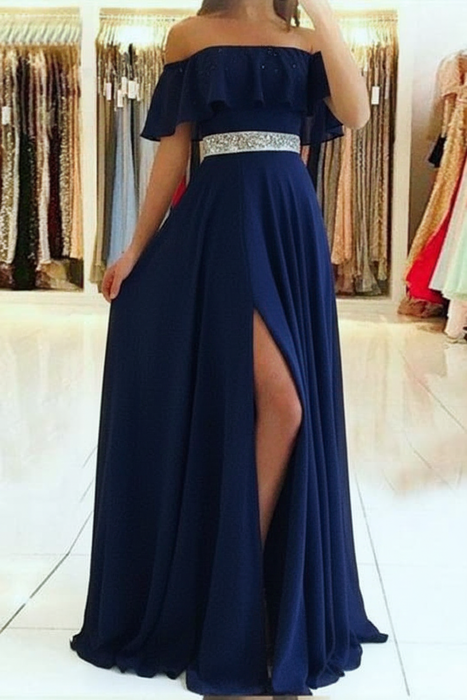 Off Shoulder Sky Blue Prom Dress with Beading - Bridelily Off Shoulder Sky Blue Prom Dress with Beading - Bridelily