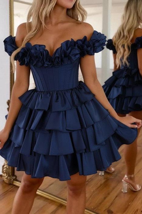 Navy Blue Off-the-Shoulder Satin Corset Graduation Dress Short Cocktail Dress