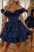 Navy Blue Off-the-Shoulder Satin Corset Graduation Dress Short Cocktail Dress